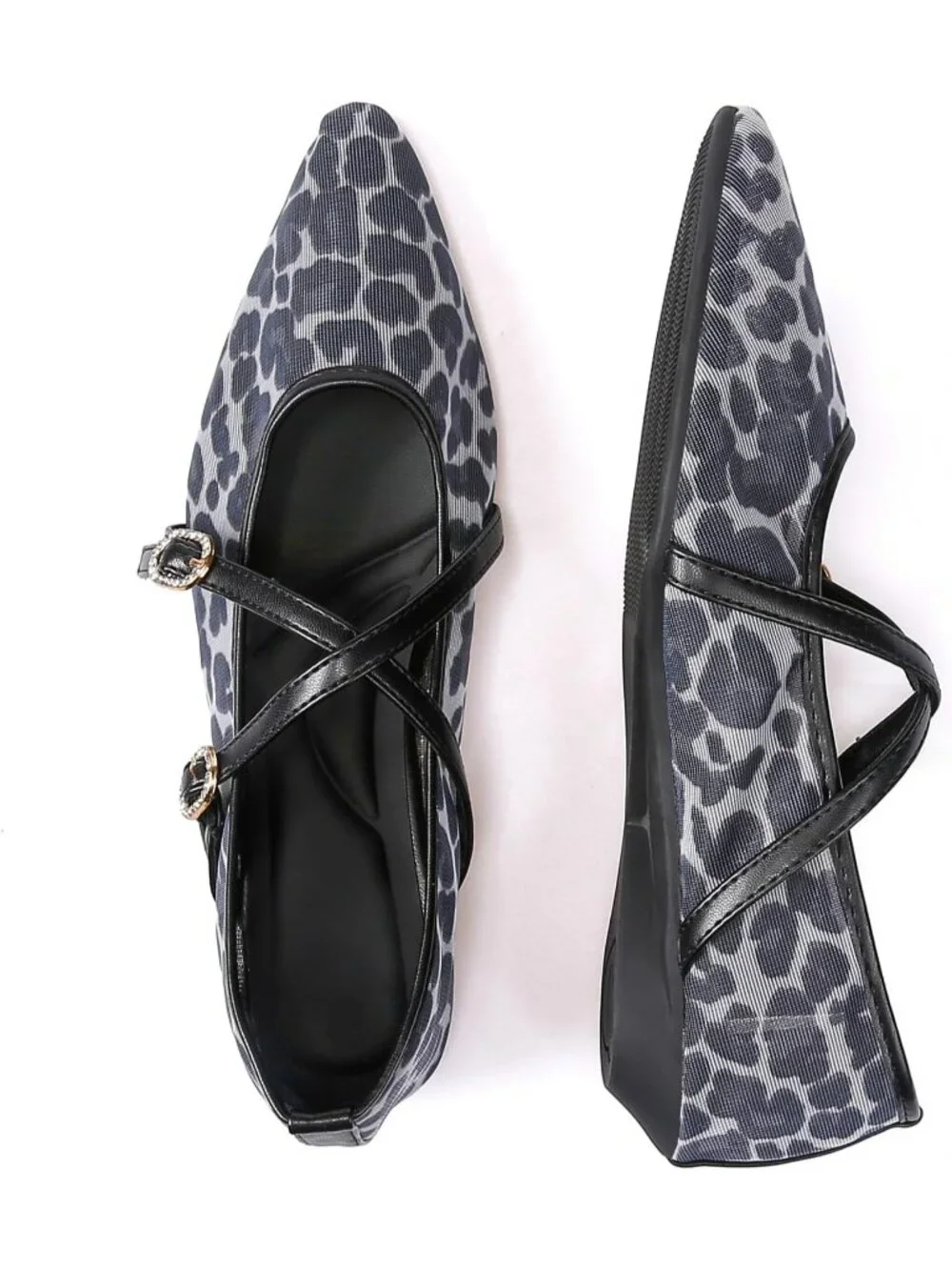 Women's Black Leopard Mesh Flats Cross Ankle Strap Flat Slip On Comfortable